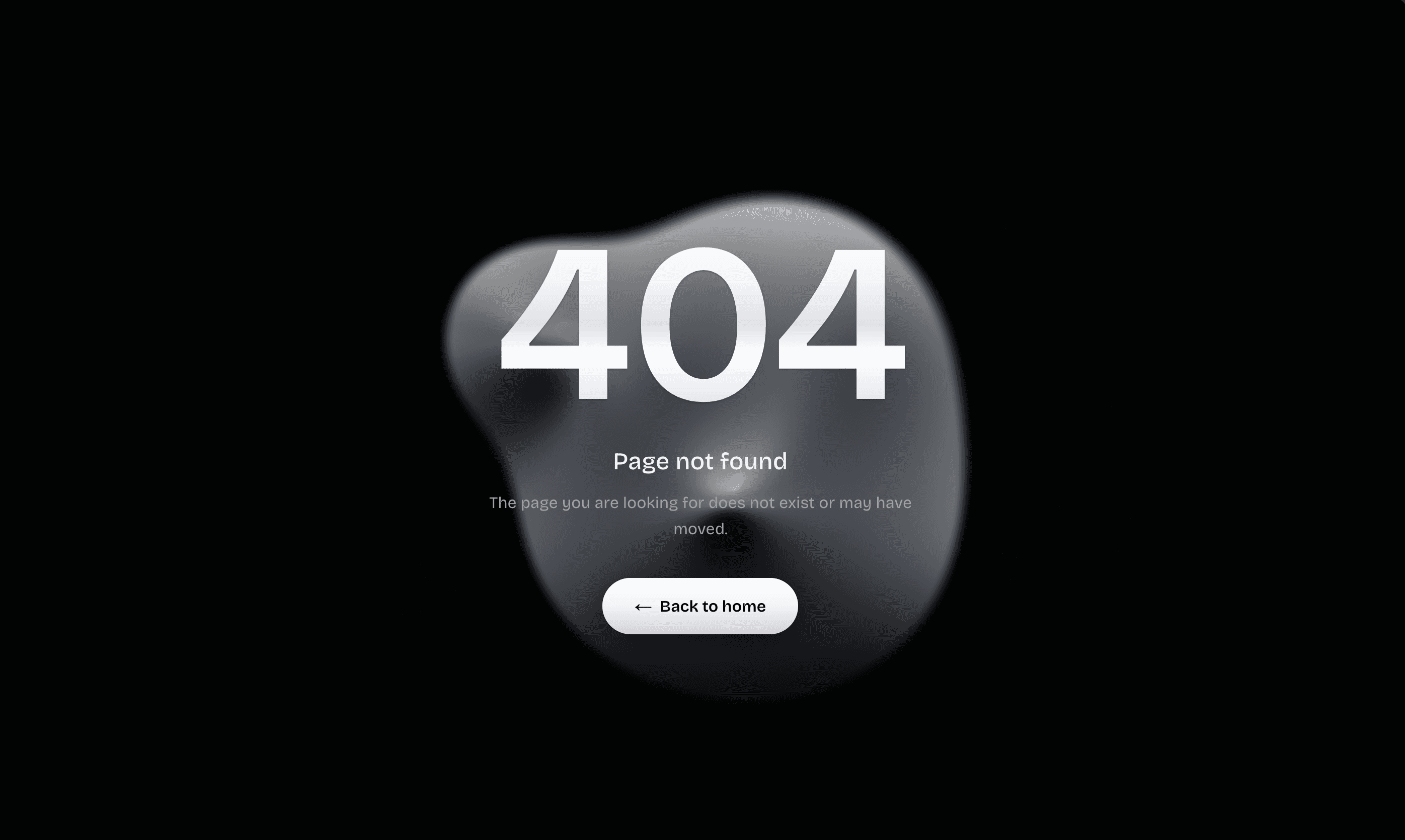 Mercury's 404 page — a large '404' and 'Page not found' over a soft, smoky grey blob on a near-black background, with a 'Back to home' button below