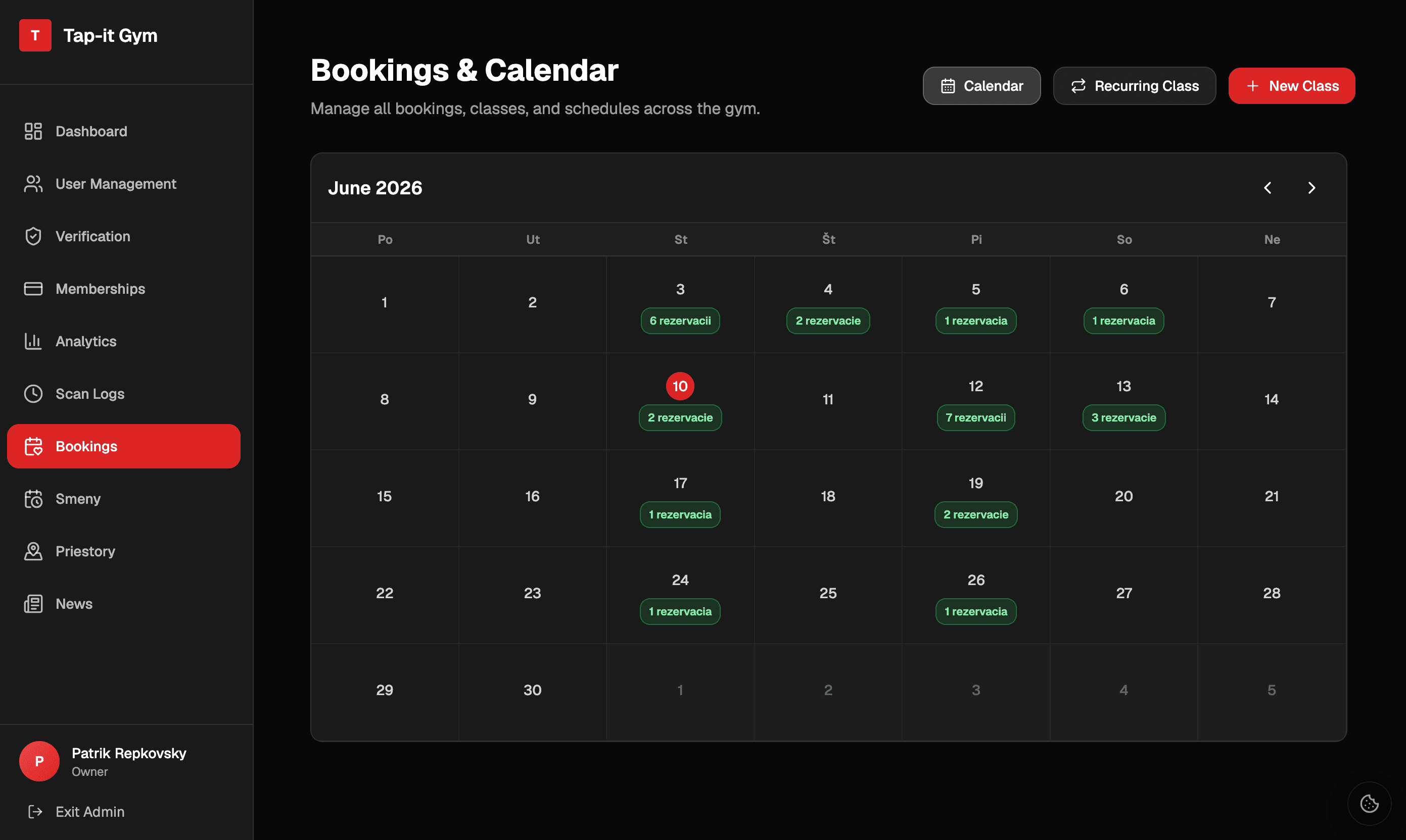 Tap-it Bookings page