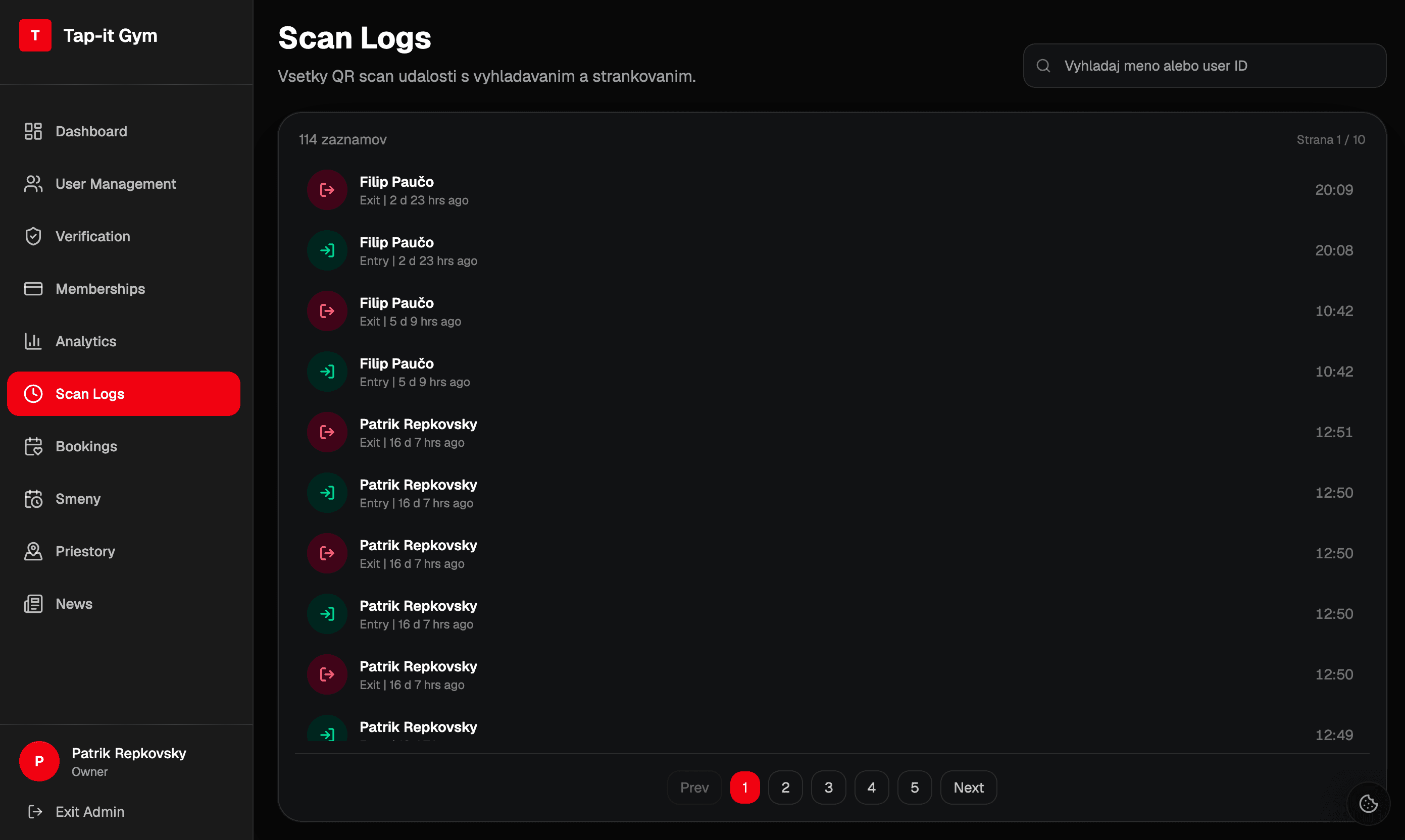 Tap-it Scan Logs page