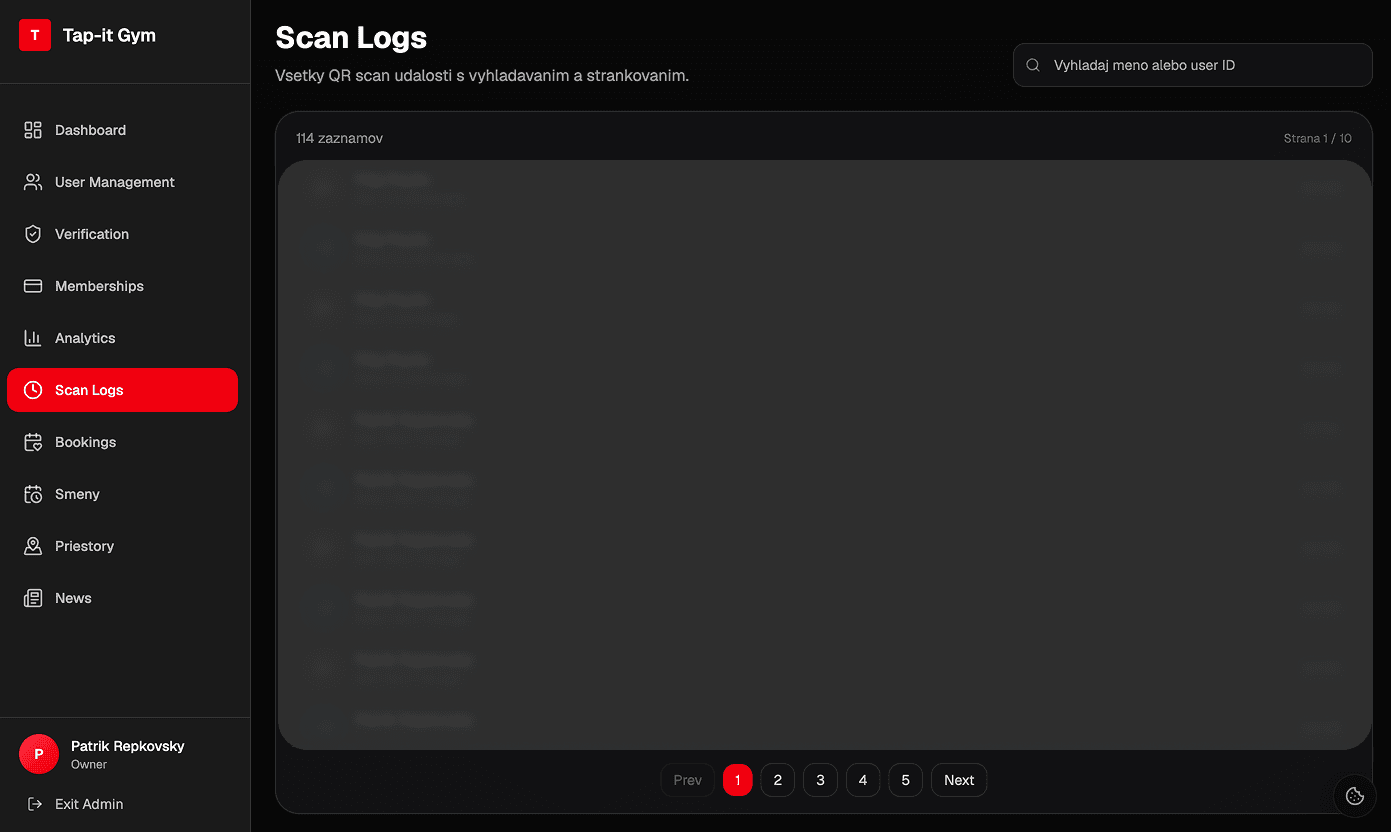 Tap-it Scan Logs page