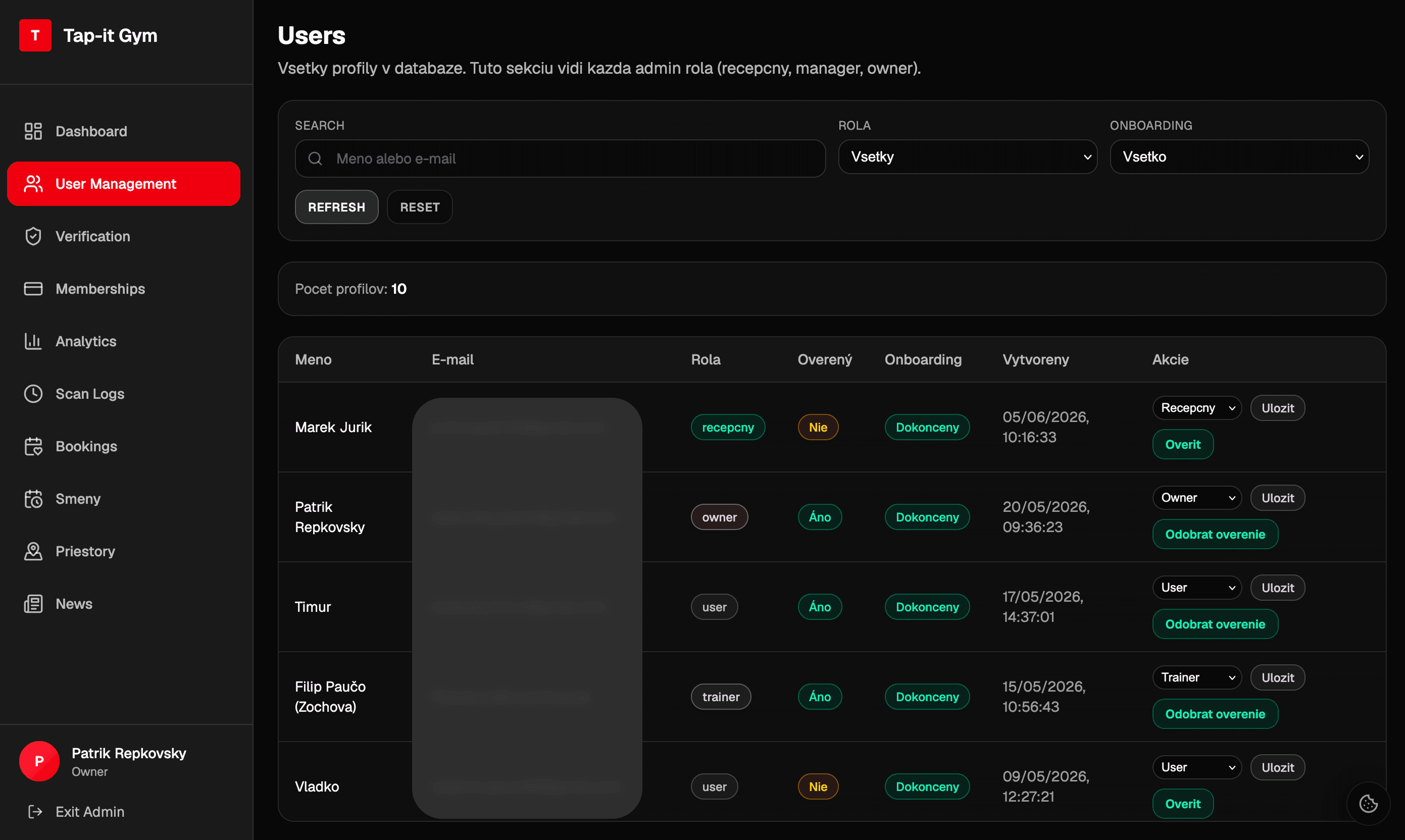 Tap-it User Management page
