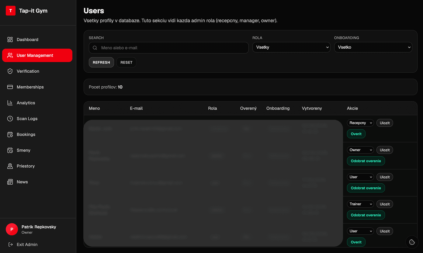 Tap-it User Management page
