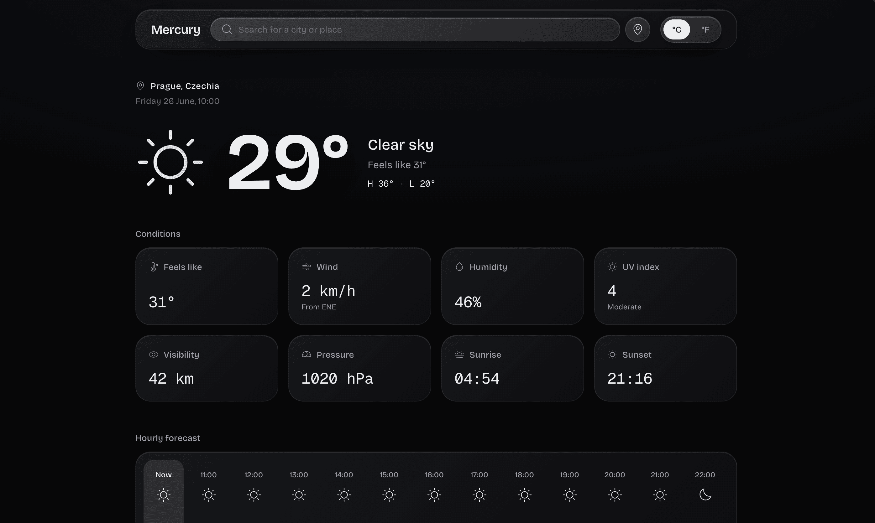 Mercury's main view for Prague, Czechia on a near-black canvas — a search bar with location and °C/°F toggles, then a large 29° with 'Clear sky', feels like 31°, and a grid of conditions cards (feels like, wind 2 km/h, humidity 46%, UV index 4, visibility 42 km, pressure 1020 hPa, sunrise 04:54, sunset 21:16) above an hourly forecast strip