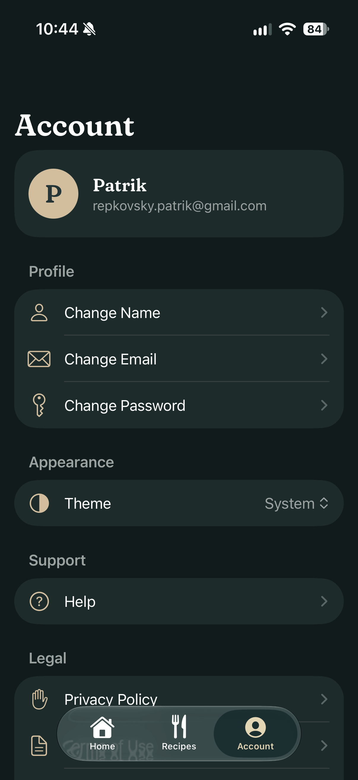 The Account tab: the profile header, Change Name, Email and Password, the Appearance theme picker, Help and Legal, in dark mode