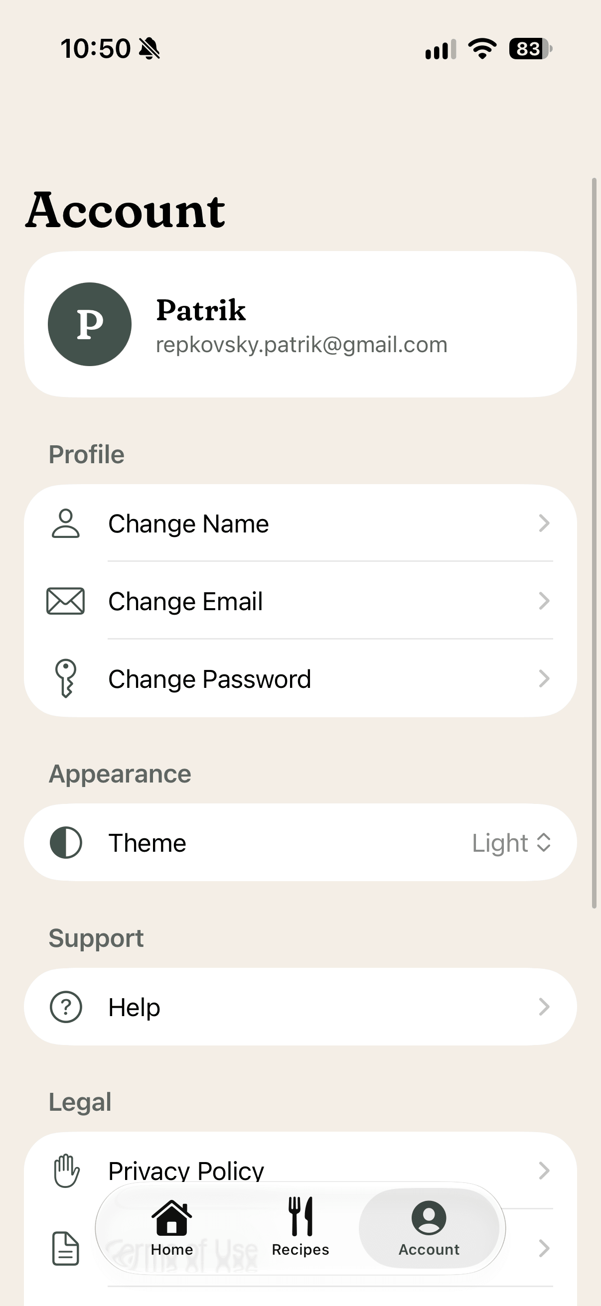 The Account tab: the profile header, Change Name, Email and Password, the Appearance theme picker, Help and Legal, in light mode