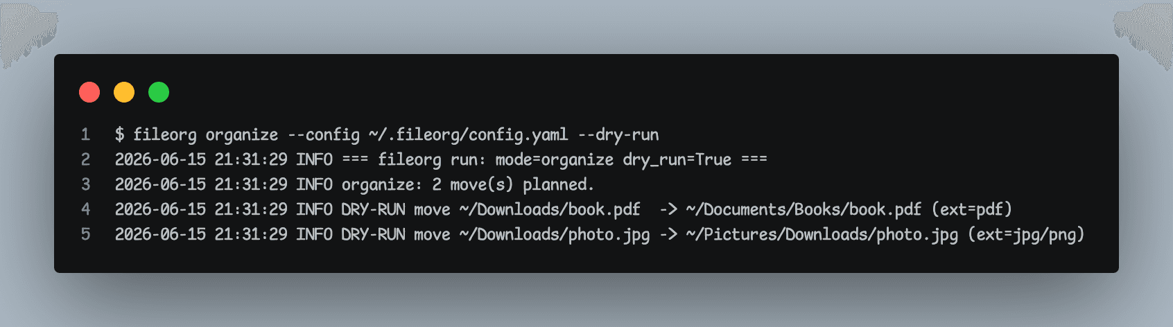 Terminal running `fileorg organize --config ~/.fileorg/config.yaml --dry-run` — the log reports 2 moves planned and prints each one as DRY-RUN, moving book.pdf to Documents/Books and photo.jpg to Pictures/Downloads, without altering any files