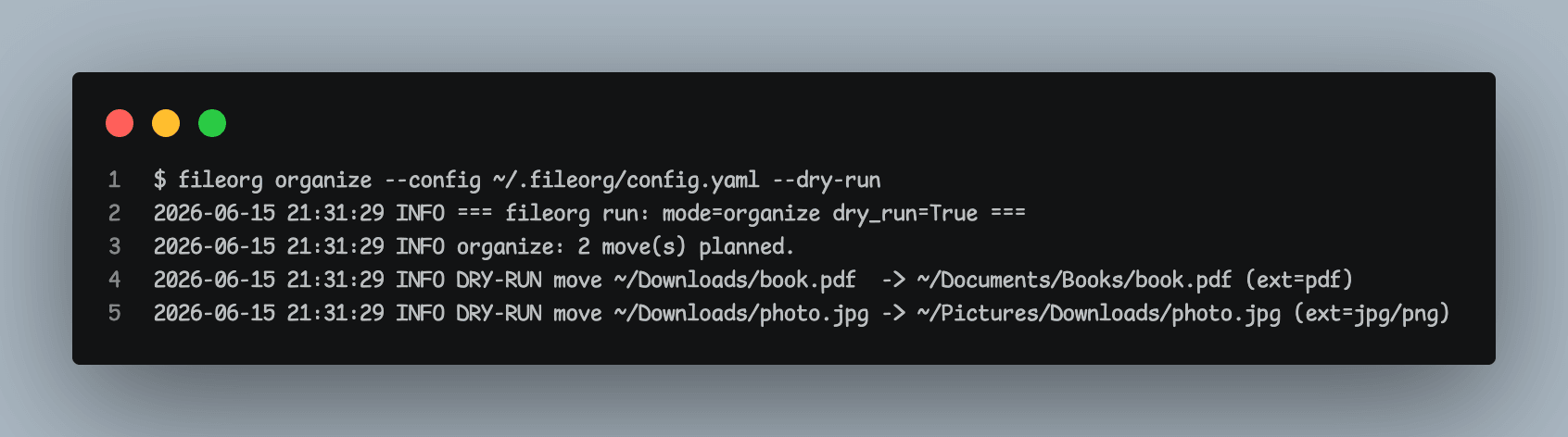 Terminal running `fileorg organize --config ~/.fileorg/config.yaml --dry-run` — the log reports 2 moves planned and prints each one as DRY-RUN, moving book.pdf to Documents/Books and photo.jpg to Pictures/Downloads, without altering any files