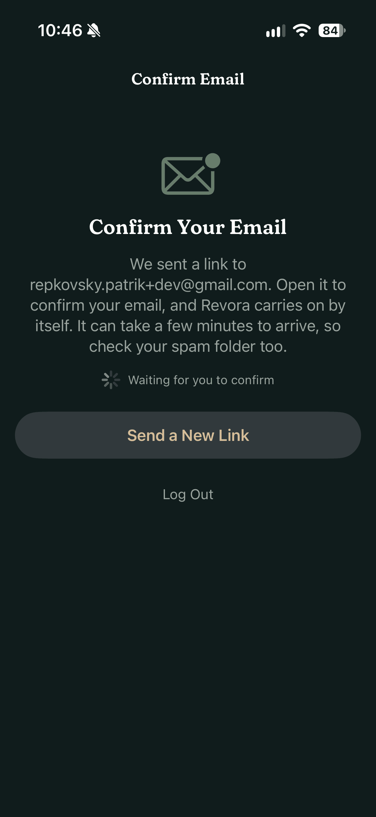 The Confirm Your Email screen: an envelope, a note that a link was sent, 'Waiting for you to confirm', and buttons to send a new link or log out, in dark mode
