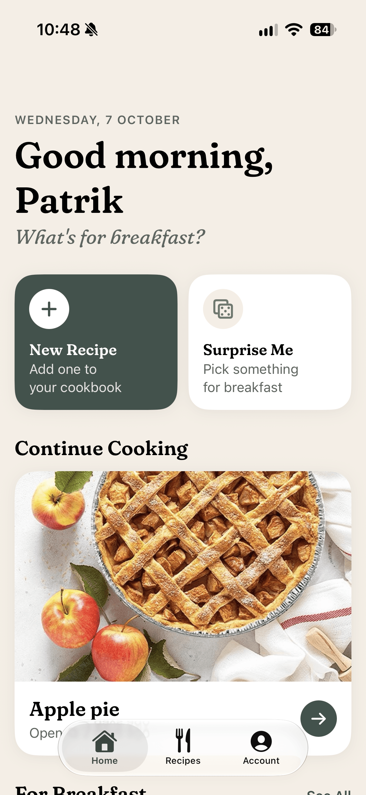 Revora's Home screen: the date, 'Good morning, Patrik', 'What's for breakfast?', New Recipe and Surprise Me tiles, and an apple pie under Continue Cooking, in light mode