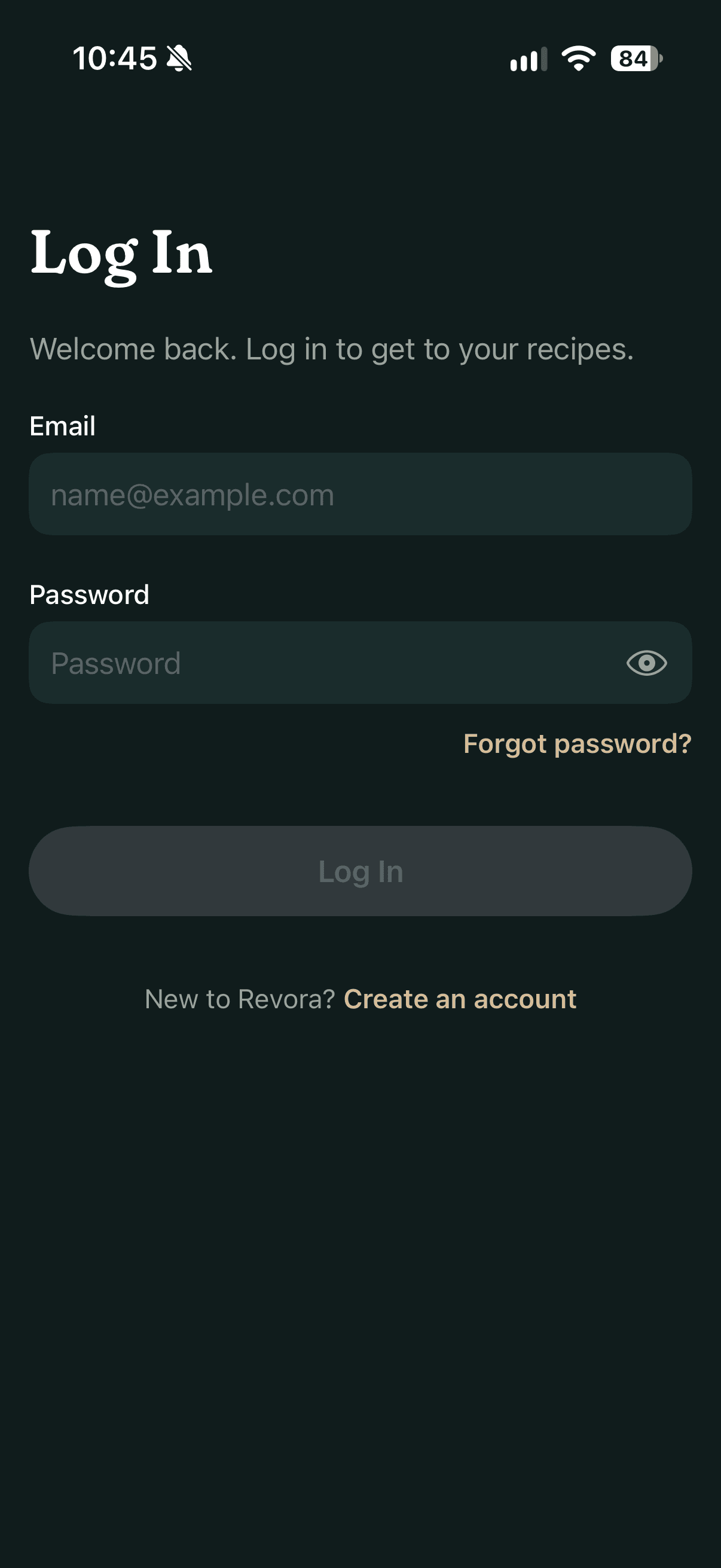 Revora's Log In screen: email and password fields, a Forgot password link and a link to create an account, in dark mode