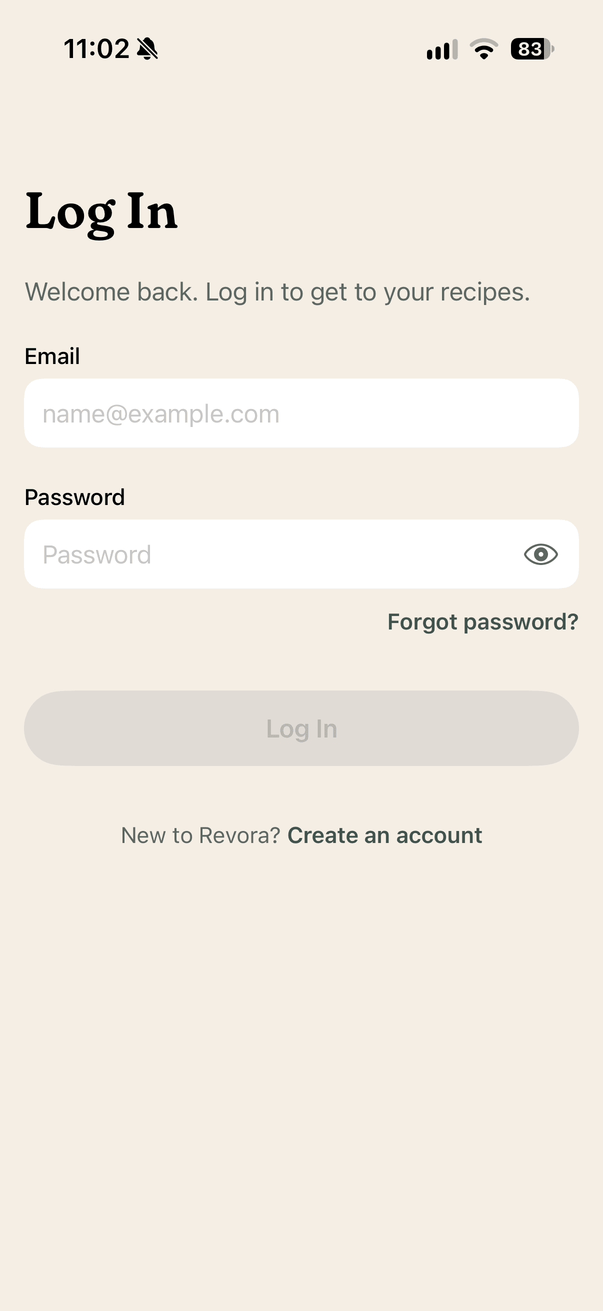 Revora's Log In screen: email and password fields, a Forgot password link and a link to create an account, in light mode