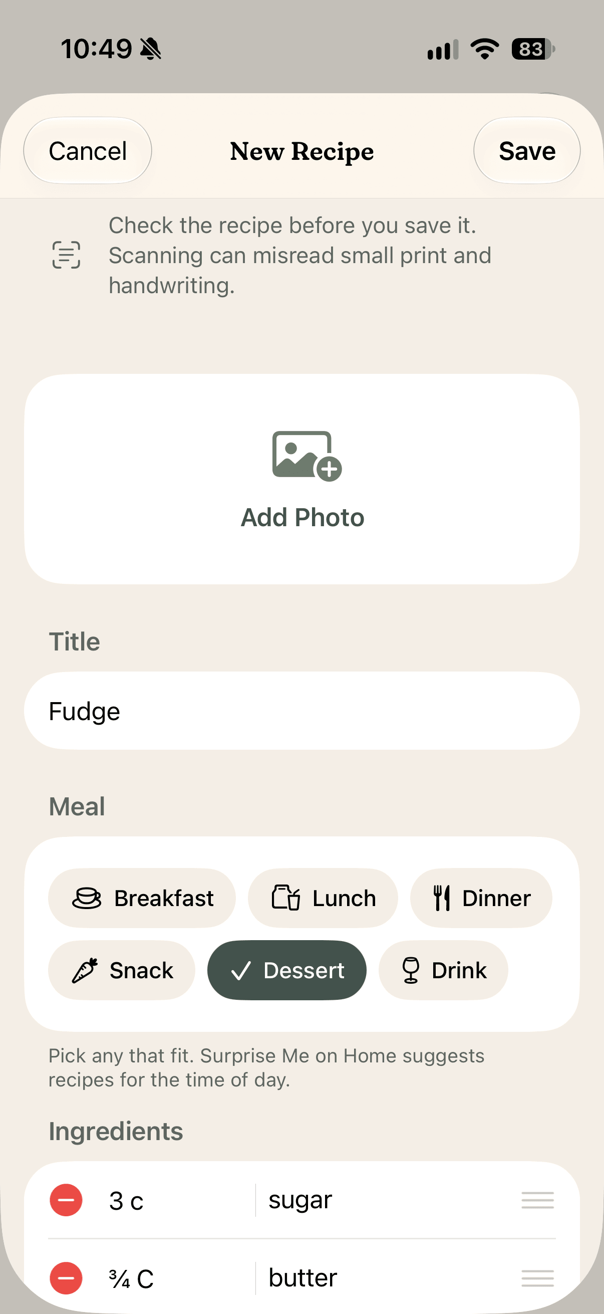 The New Recipe editor filled in from the scan: a note to check the recipe, an Add Photo tile, the title Fudge, Dessert picked under Meal, and the first ingredients, in light mode