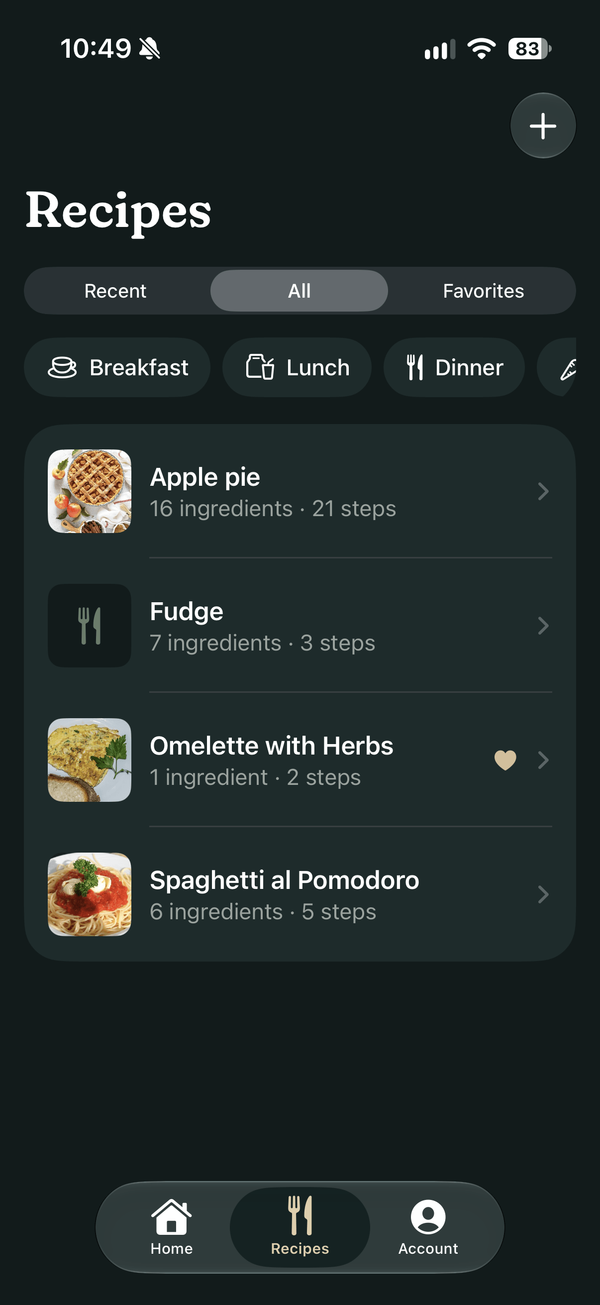 The Recipes tab: Recent, All and Favorites segments, meal filter chips, and recipes listed with thumbnails and ingredient and step counts, in dark mode
