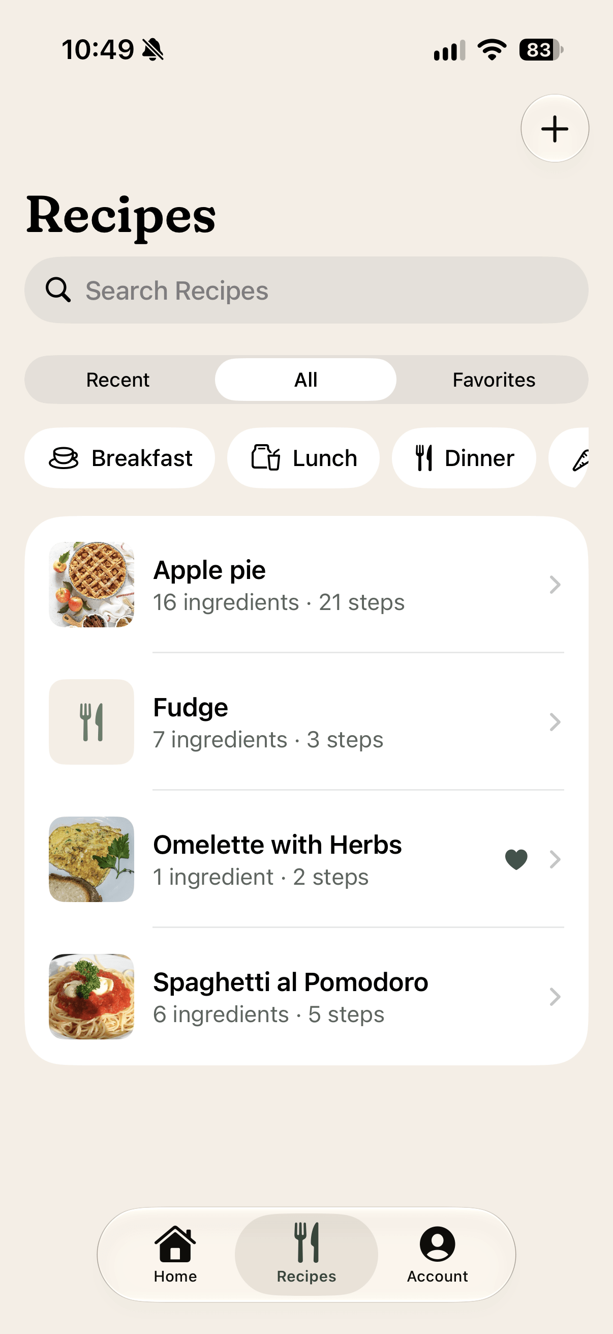 The Recipes tab: Recent, All and Favorites segments, meal filter chips, and recipes listed with thumbnails and ingredient and step counts, in light mode