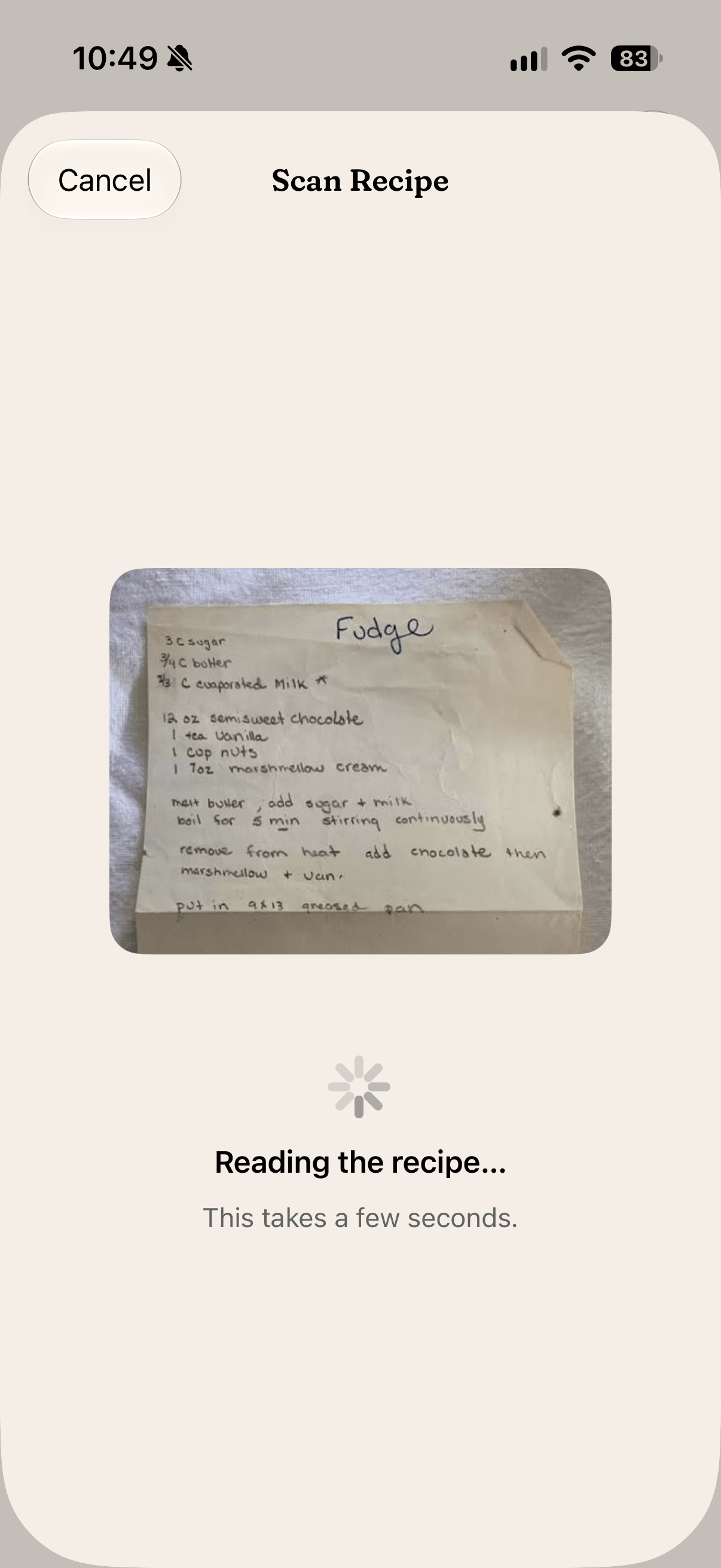 The Scan Recipe sheet: a photo of a handwritten fudge recipe card above a spinner and 'Reading the recipe…', in light mode