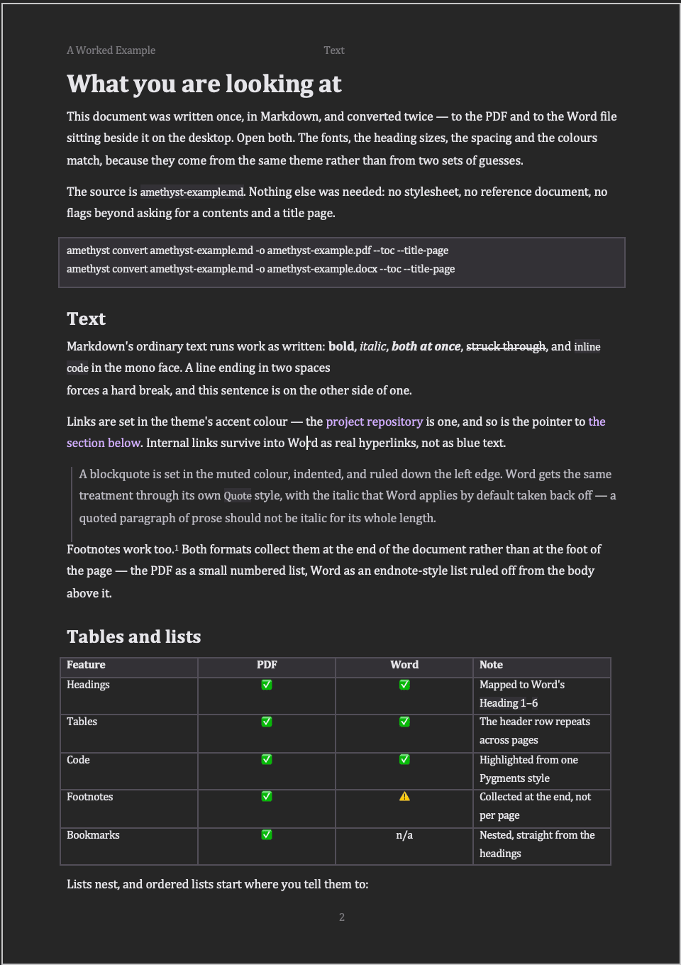 The same document as a Word file — a running head reading 'A Worked Example' and 'Text', the title set in a serif face, links in the theme's violet accent, a blockquote ruled down its left edge, the feature table with a shaded header row, and the page number in the footer