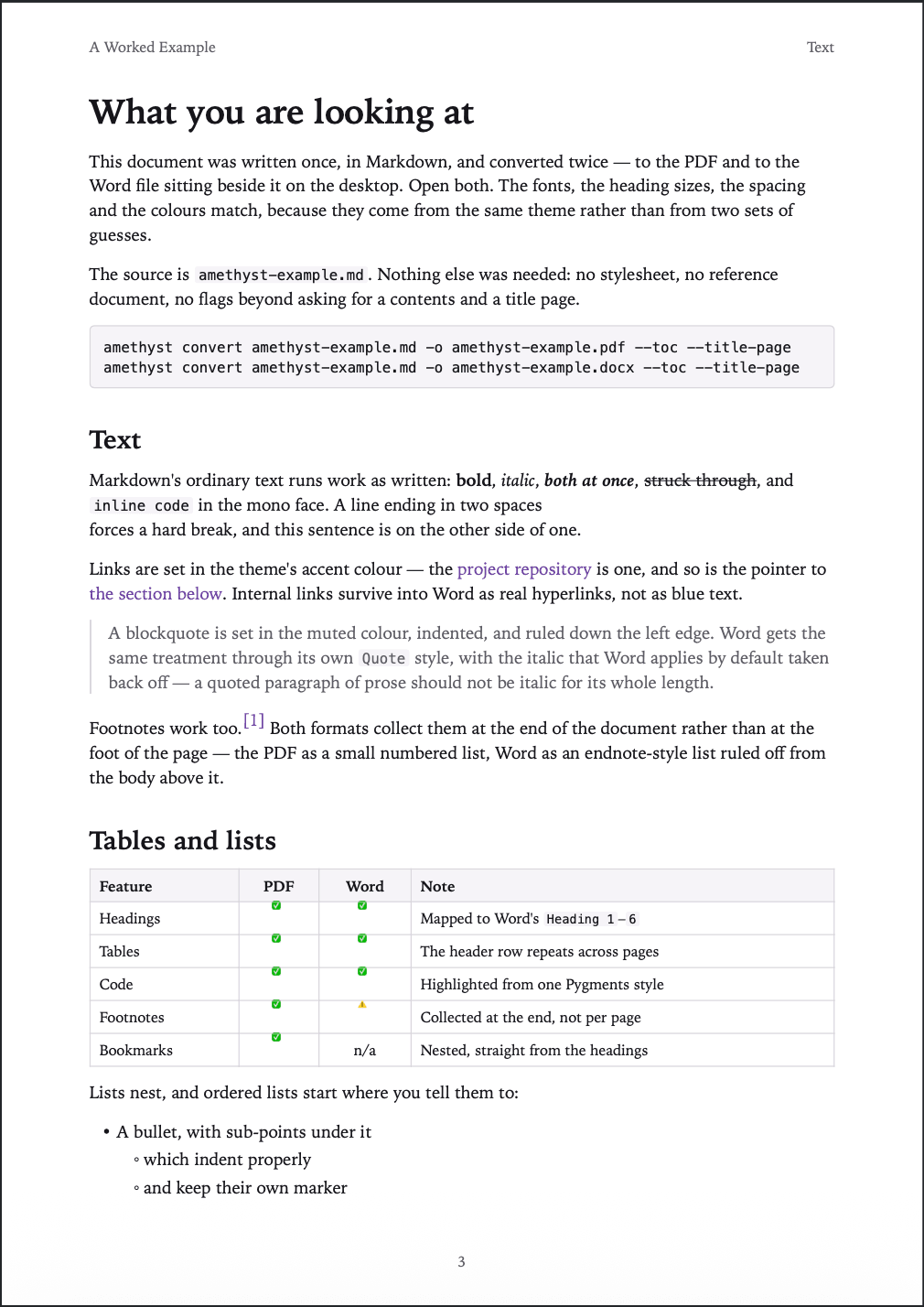 The same document as a PDF — the same serif headings, spacing and violet links on a white page, the ruled blockquote, a superscript footnote marker, the feature table, a nested bullet list, and the page number in the footer