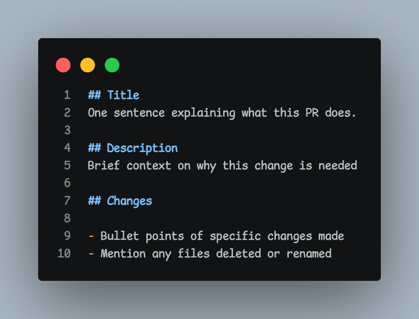 The closing template of commit-message/SKILL.md — a markdown skeleton with a Title heading followed by one sentence explaining what the change does, a Description heading for brief context on why it is needed, and a Changes heading with bullet points for specific changes made and any files deleted or renamed
