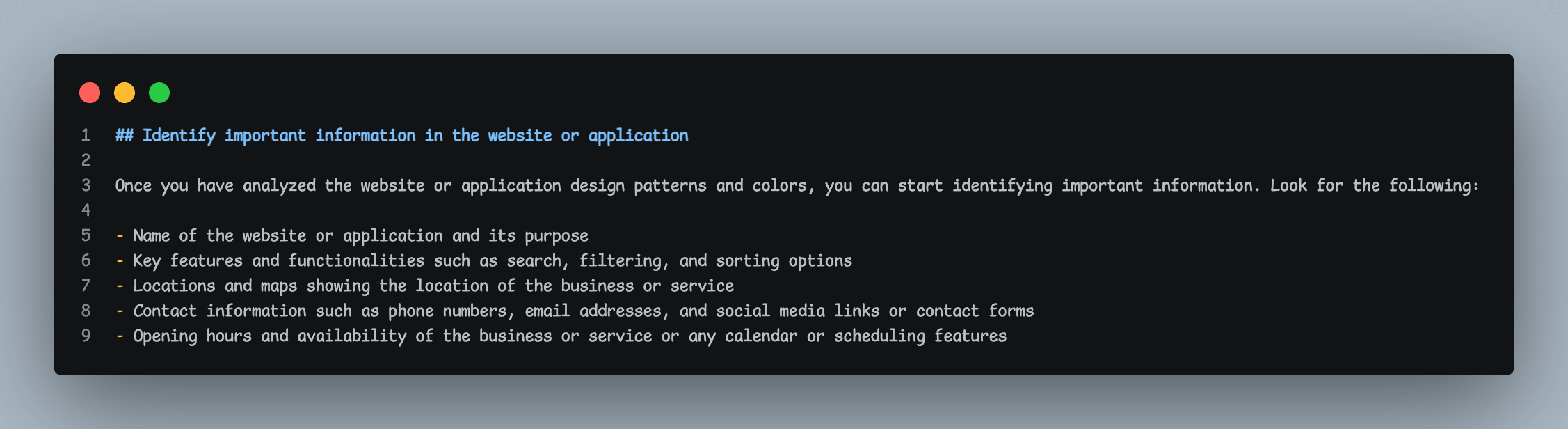 A section of web-analysis/SKILL.md headed 'Identify important information in the website or application', listing what to look for after the design pass: the name and purpose of the site, key features such as search, filtering and sorting, locations and maps, contact information, and opening hours or scheduling features